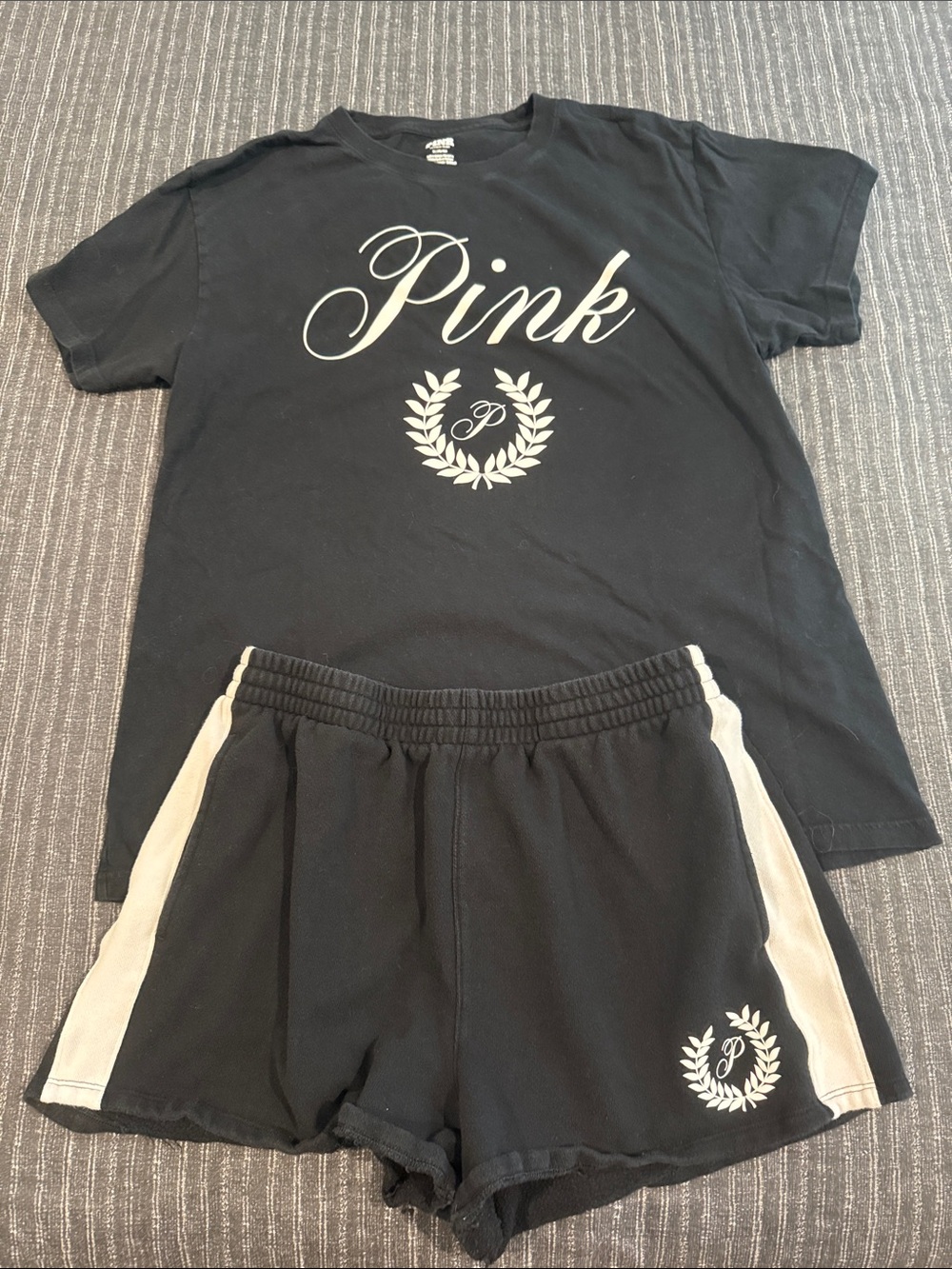 PINK Victoria's Secret Black Graphic Tee with White Logo and Shorts
